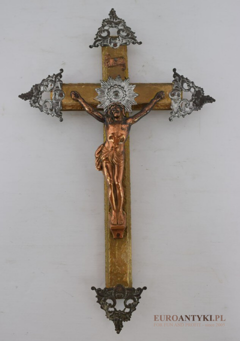 Wiktoriański krzyż z Jezusem. Chrystus ukrzyżowany. Prawdziwy antyk zabytek. INRI