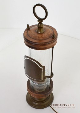 Rustykalna lampa stołowa szklany walec. Włościańska lampka. Nietypowe i unikatowe oświetlenie retro.