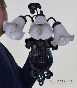 Zabytkowy kinkiet secesyjny z 3 kloszami. Lampy Art Nouveau, Secesja, Jugendstil.
