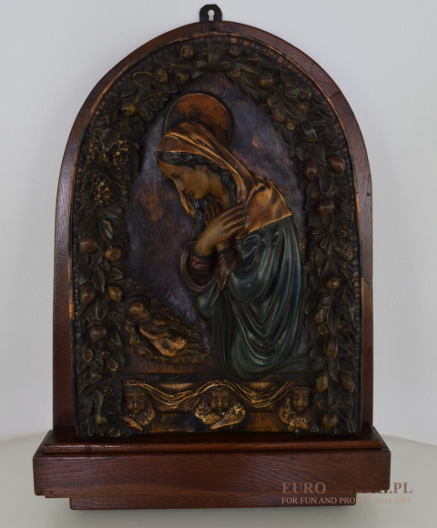Duży muzealny obraz z Matką Boską. Zabytek z lat 1900.