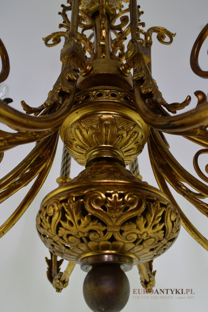Unikatowy żyrandol mosiężny z lat 1900. Antyczne lampy paacowe.