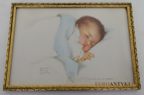 Obraz niemowlak w złotych ramkach. Antyki starocie.