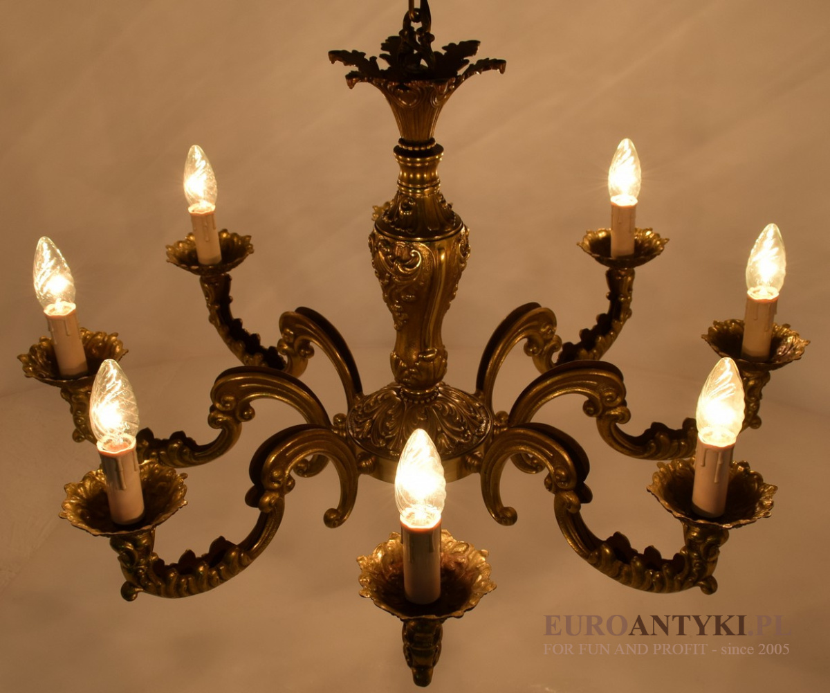 Zabytkowy, rasowy żyrandol barokowy mosiężny z lat 1930. Lampy antyki.