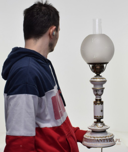 XXL! Antyczna lampa kolumna porcelanowa na stolik. Zabytkowe oświetlenie pałacowe.
