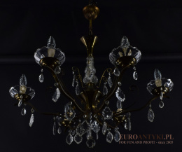 Vintage żyrandol mosiężny z kryształami. Antyczna lampa z francji.