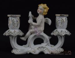 Antyczny świecznik porcelanowy z aniołkiem z harfą. NEUNDORF