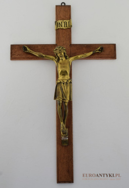 XXL! DUŻY Dębowy krzyż z Jezusem Chrystusem mosiężnym INRI.