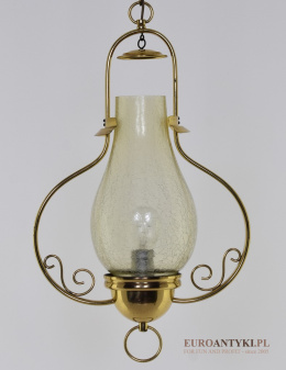 Retro lampa wisząca z mosiądzu z żółtym strukturalnym kloszem