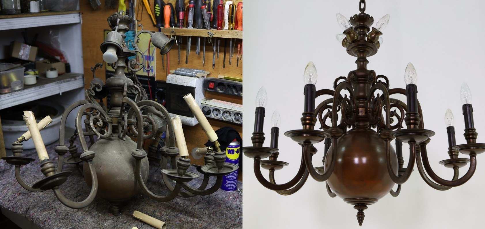 antyczne żyrandole po renowacji